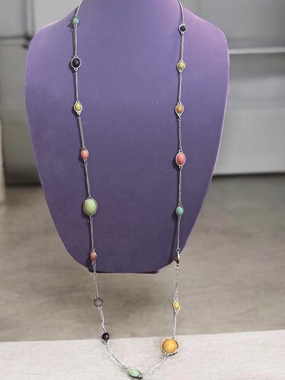 Long Multi-Stone Silver Necklace with Pastel Gem Accents
830
